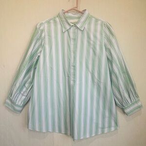 Ann Mashburn Green, Blue, White Slimming Vertical Striped Popover Top Sz M